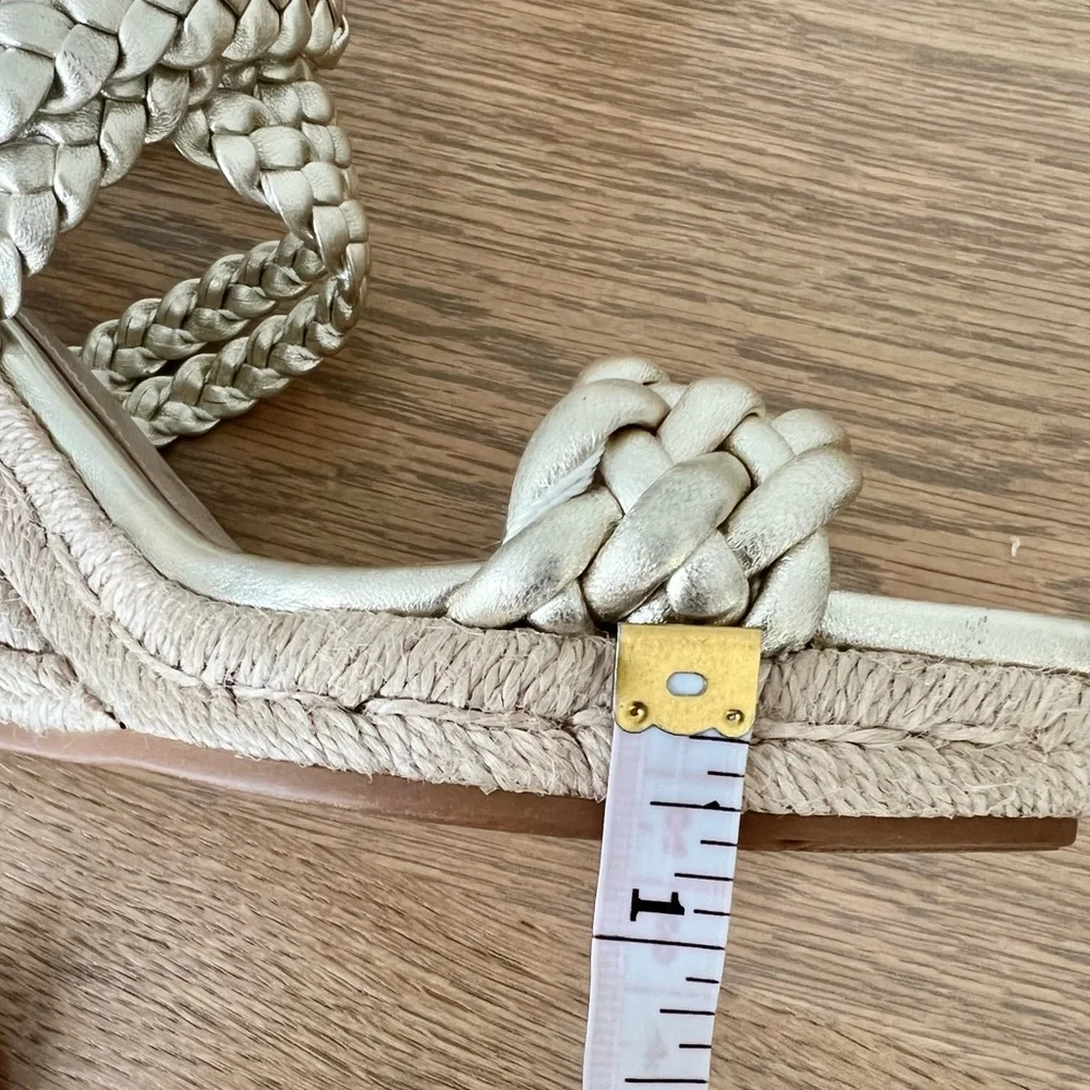 Tory Burch Bailey Metallic Leather Braid Espadrille Wedge Platform Sandals Gold - Picture 11 of 15